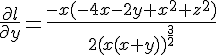 \Large \frac{\partial l}{\partial y}=\frac{-x(-4x-2y+x^2+z^2)}{2(x(x+y))^{\frac{3}{2}}}